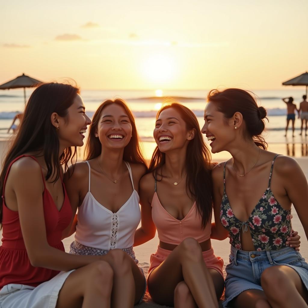 Nhóm bạn trẻ vui vẻ tận hưởng thời gian bên nhau tại bãi biển trong một ngày đặc biệt