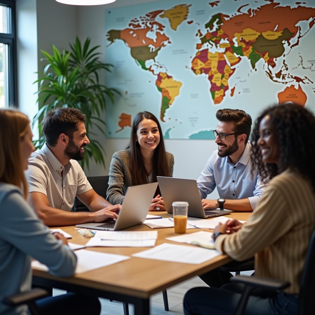 Nhóm làm việc đa văn hóa với thành viên từ các quốc gia khác nhau cùng hợp tác trong dự án