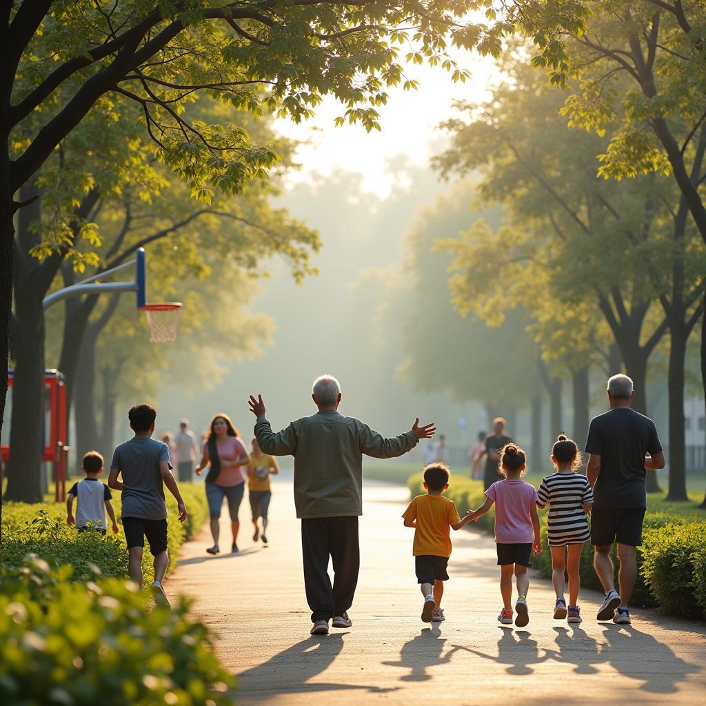 Các nhóm tuổi khác nhau tham gia hoạt động đa dạng tại công viên minh họa cho câu hỏi IELTS Speaking về sử dụng không gian công cộng