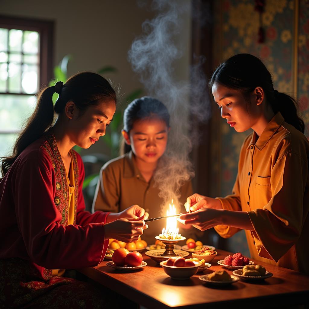 Nhiều thế hệ gia đình Việt chung sức tổ chức lễ giỗ tổ tiên truyền thống