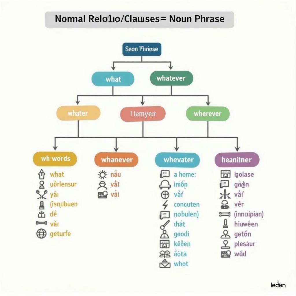 Sơ đồ công thức cơ bản của Nominal Relative Clauses trong IELTS với 7 loại wh-words