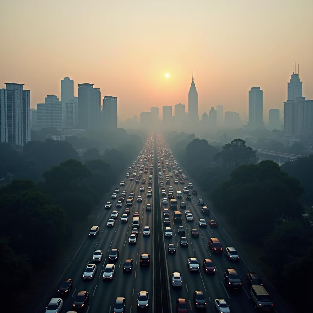 Ô nhiễm không khí và tiếng ồn ở một thành phố lớn, minh họa tác động tiêu cực của đô thị hóa.