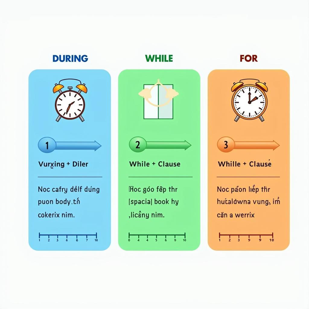 Sơ đồ phân biệt cách dùng During While For trong IELTS Grammar với ví dụ minh họa chi tiết