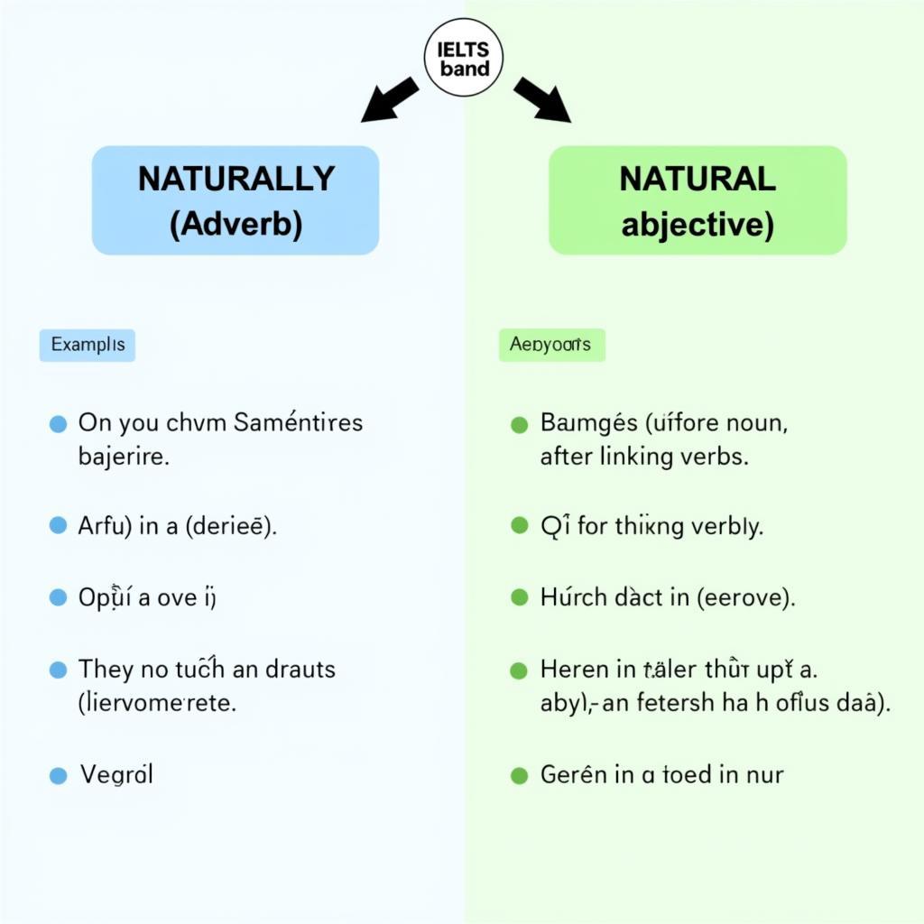 Sơ đồ phân biệt trạng từ naturally và tính từ natural trong ngữ pháp tiếng Anh IELTS với ví dụ minh họa