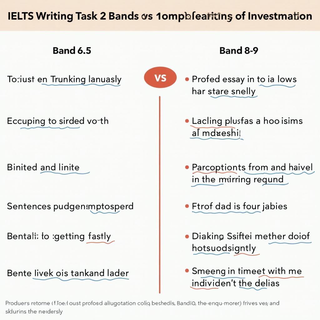 Infographic minh họa sự khác biệt giữa bài viết IELTS band 6.5 và band 8 về chủ đề đầu tư tài chính