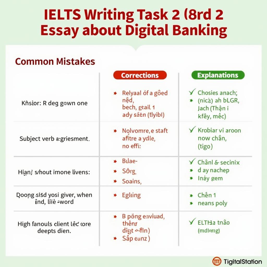 Bảng phân tích các lỗi ngữ pháp và từ vựng phổ biến trong bài IELTS Writing Task 2 Band 5-6 về ngân hàng số