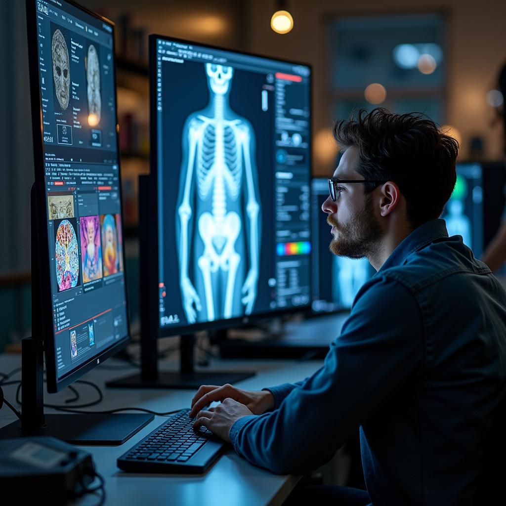 Sinh viên nghiên cứu bức tranh nghệ thuật với công nghệ hình ảnh tiên tiến và phần mềm phân tích màu sắc trên máy tính