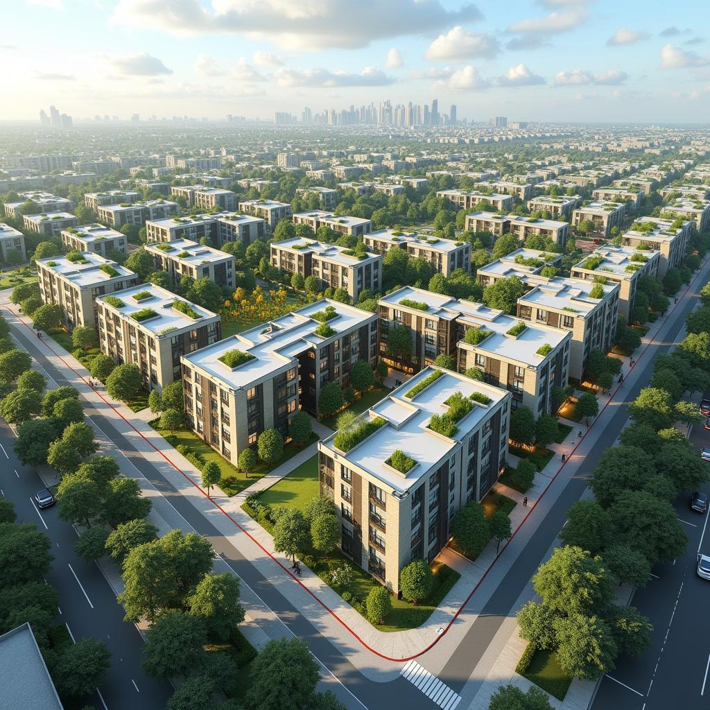 Khu dân cư đô thị hiện đại bền vững với nhà mật độ cao tích hợp không gian xanh và phương tiện giao thông công cộng thể hiện mô hình phát triển thông minh chống lại urban sprawl