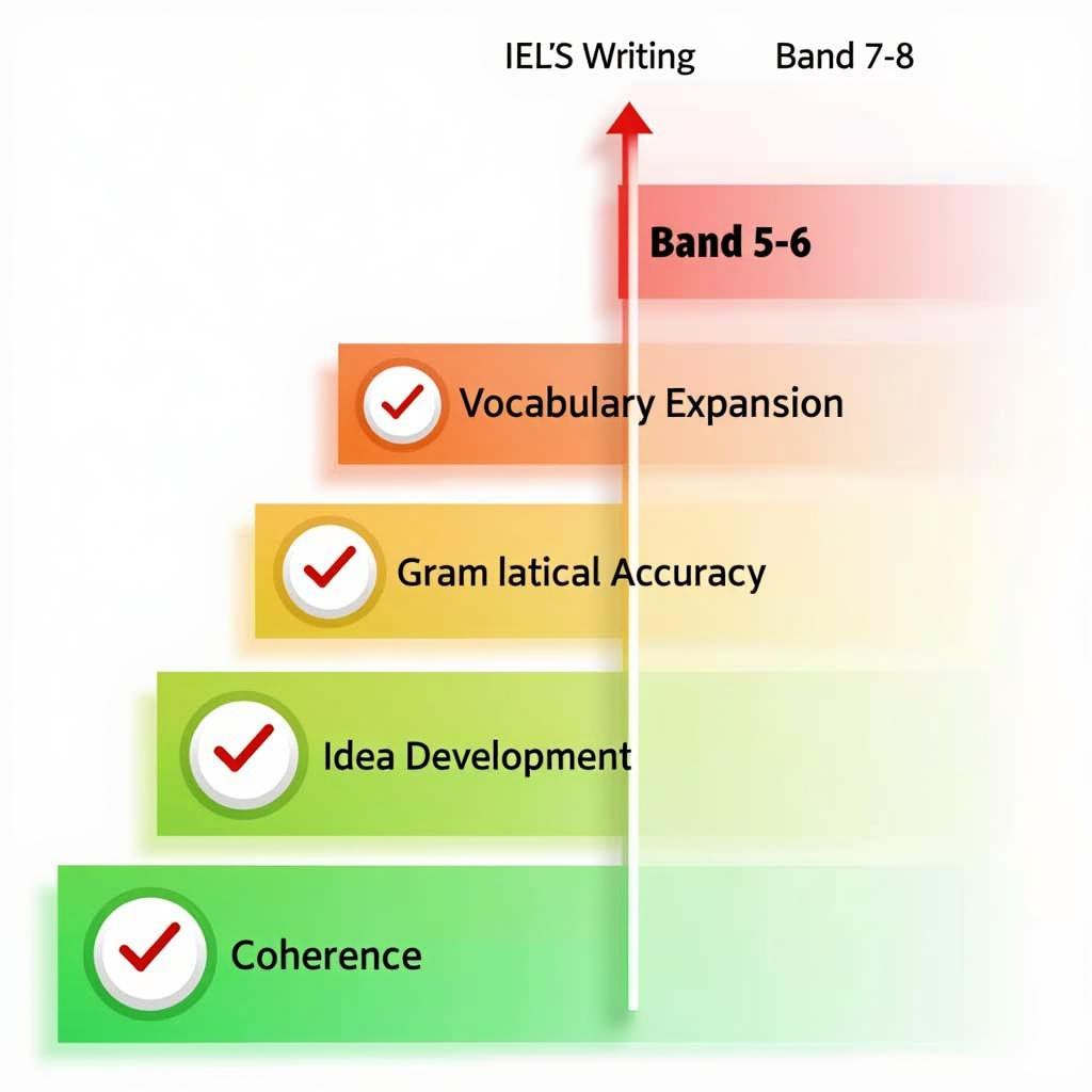 Lộ trình cải thiện từ Band 5-6 lên Band 7-8 trong IELTS Writing Task 2 với các bước cụ thể về từ vựng ngữ pháp và phát triển ý
