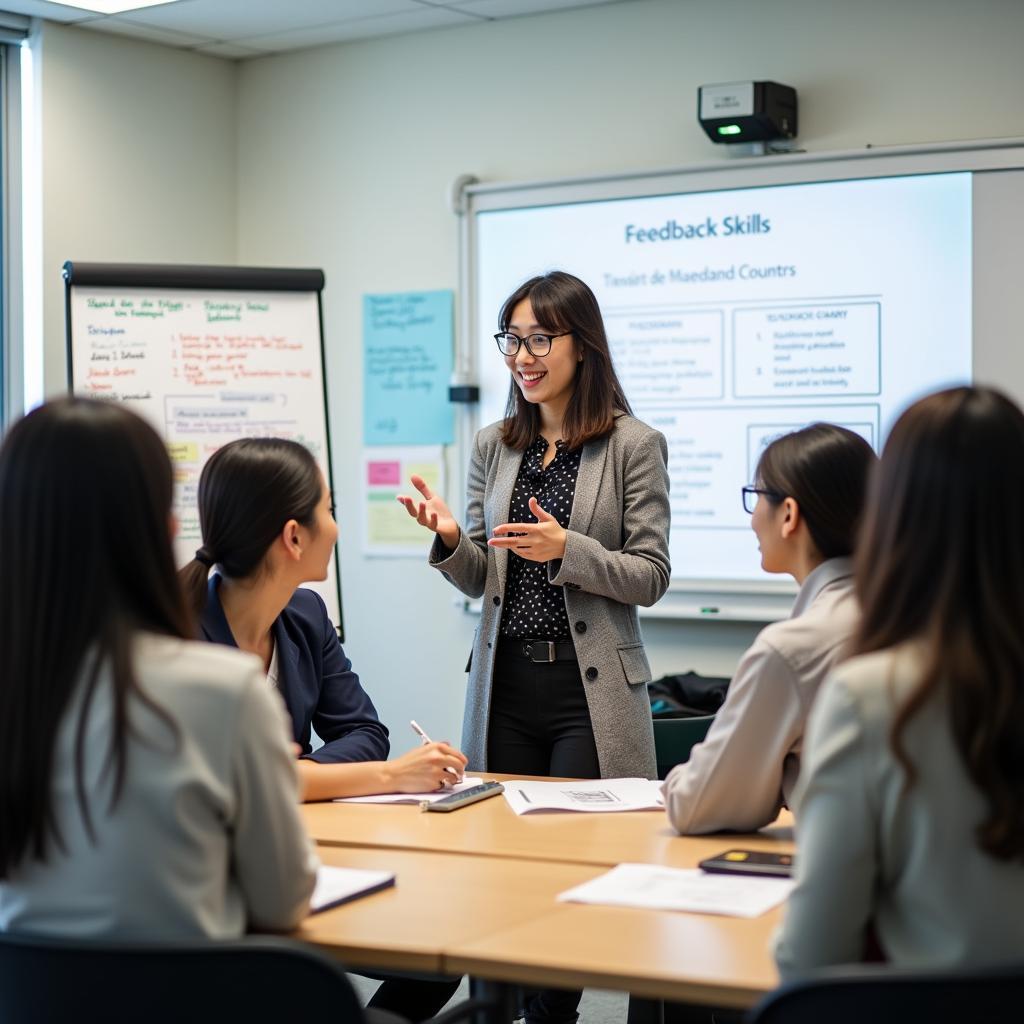 Lớp học hiện đại với giáo viên hướng dẫn học sinh kỹ năng cho và nhận phản hồi hiệu quả