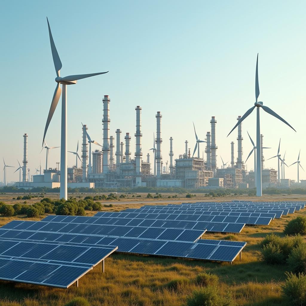 Sự chuyển đổi từ công nghiệp dầu mỏ sang năng lượng tái tạo với biểu tượng tua bin gió và pin mặt trời