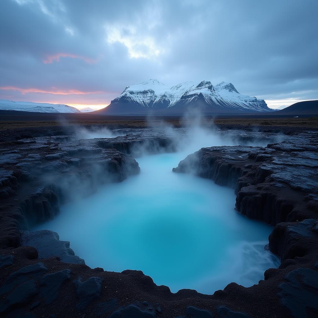 Phong cảnh thiên nhiên Iceland với núi lửa băng giá và suối nước nóng cho chuyến du lịch gia đình lý tưởng