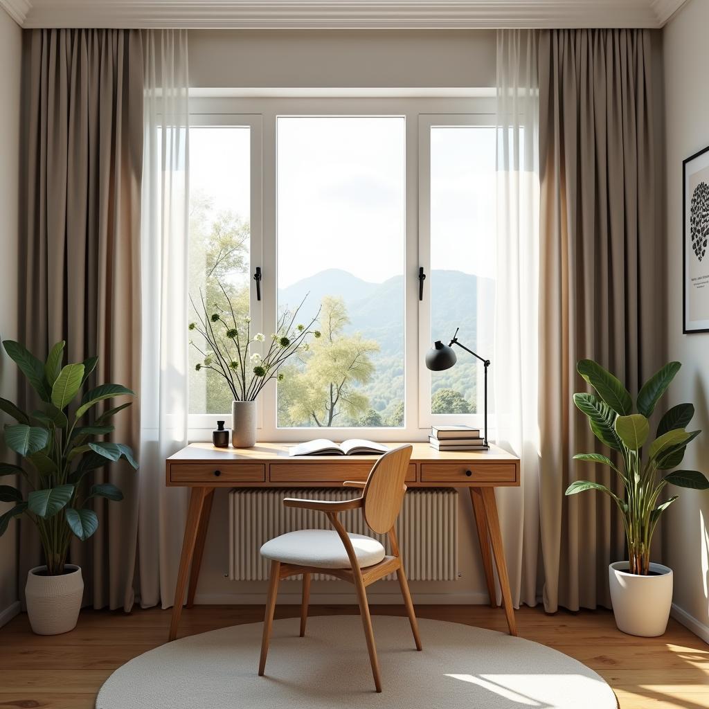 Không gian học tập yên tĩnh trong phòng ngủ với bàn làm việc gần cửa sổ cho chủ đề IELTS Speaking về nơi cảm thấy thoải mái