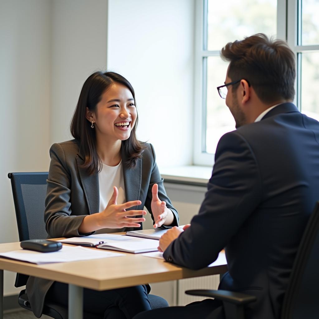 Thí sinh đang trả lời câu hỏi IELTS Speaking Part 1 về người thành công với giám khảo