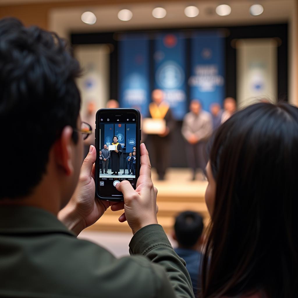 Phụ huynh chụp ảnh con nhận bằng tốt nghiệp tại lễ tốt nghiệp đại học - khoảnh khắc đáng nhớ trong IELTS Speaking