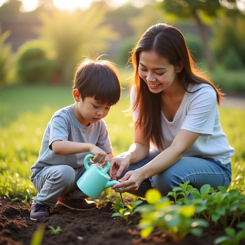Phụ huynh hướng dẫn con học cách kiên nhẫn qua hoạt động trồng cây trong vườn