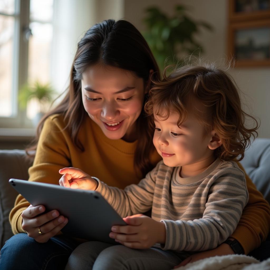 Phụ huynh đang thiết lập giới hạn thời gian sử dụng thiết bị điện tử cho con trong không gian gia đình
