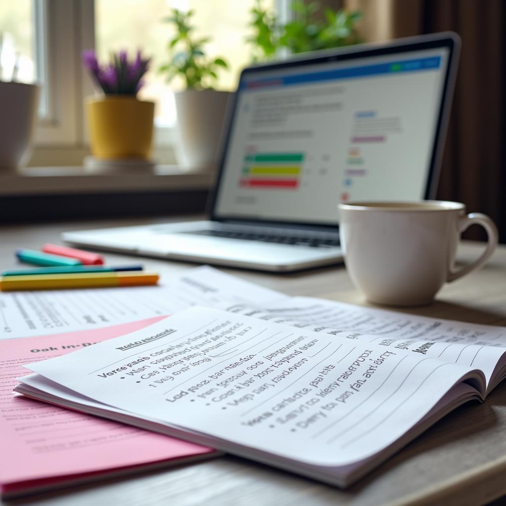 Minh họa phương pháp học IELTS Writing hiệu quả với sách vở và laptop trên bàn học