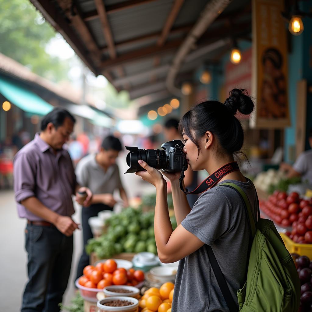 Nhiếp ảnh gia đang chụp ảnh người dân địa phương tại khu chợ truyền thống với máy ảnh chuyên nghiệp