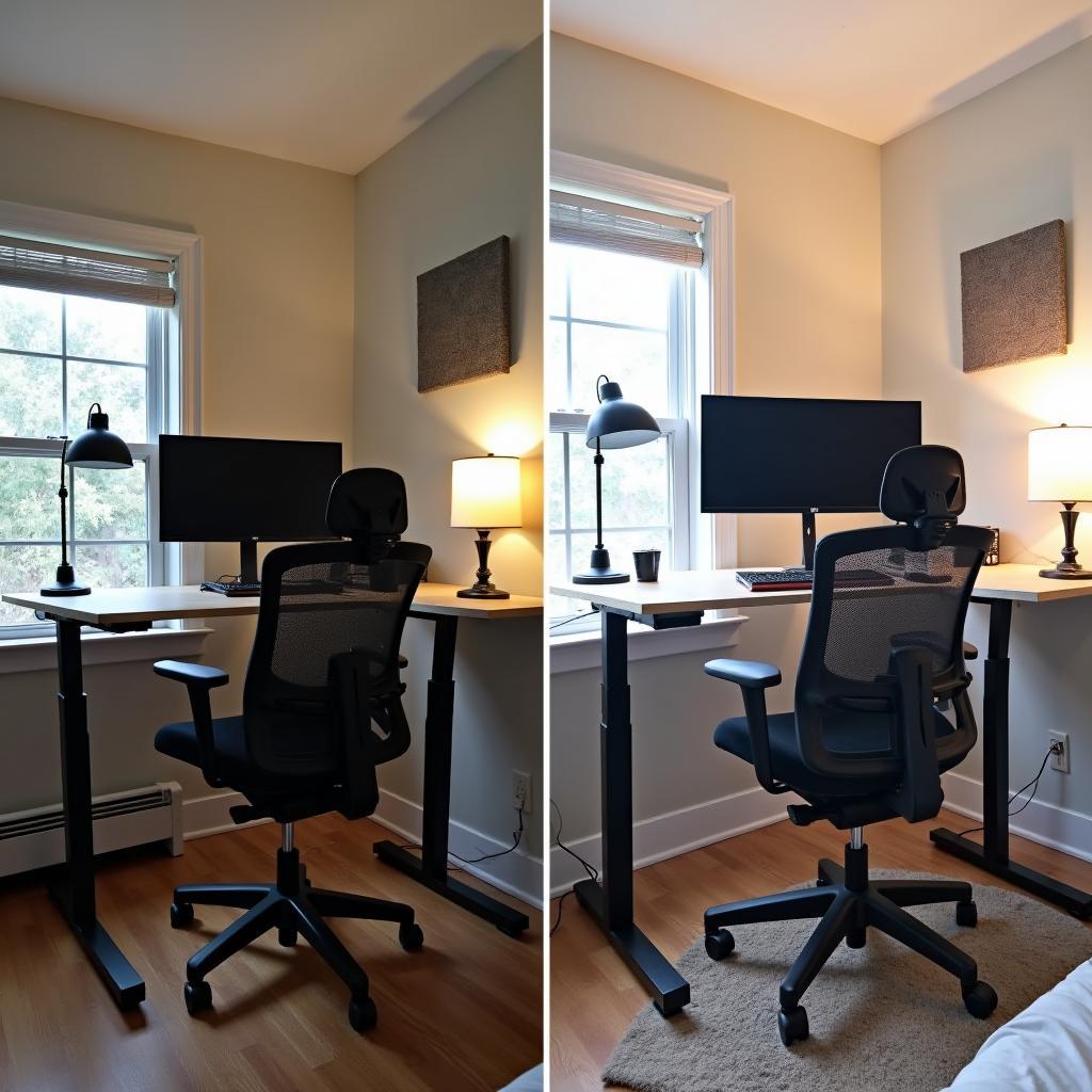 Quá trình thiết lập góc làm việc tại nhà với bàn đứng và màn hình ultrawide