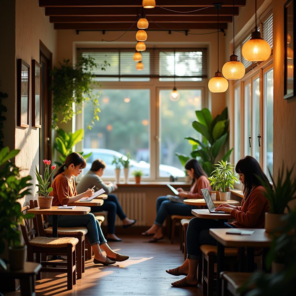Quán cà phê yên tĩnh với không gian ấm cúng lý tưởng để thư giãn trong IELTS Speaking
