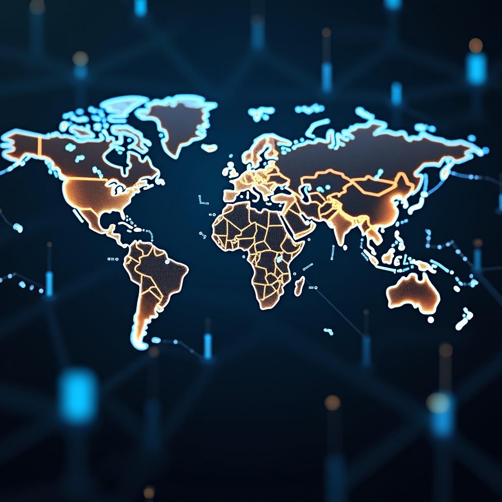 Minh họa quản lý AI trong thị trường tài chính toàn cầu với mạng lưới kết nối các tổ chức