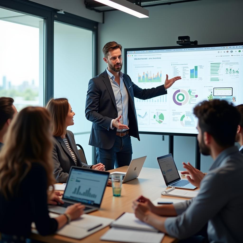 Nhà quản lý tài năng đang trình bày giải pháp sáng tạo cho nhóm làm việc