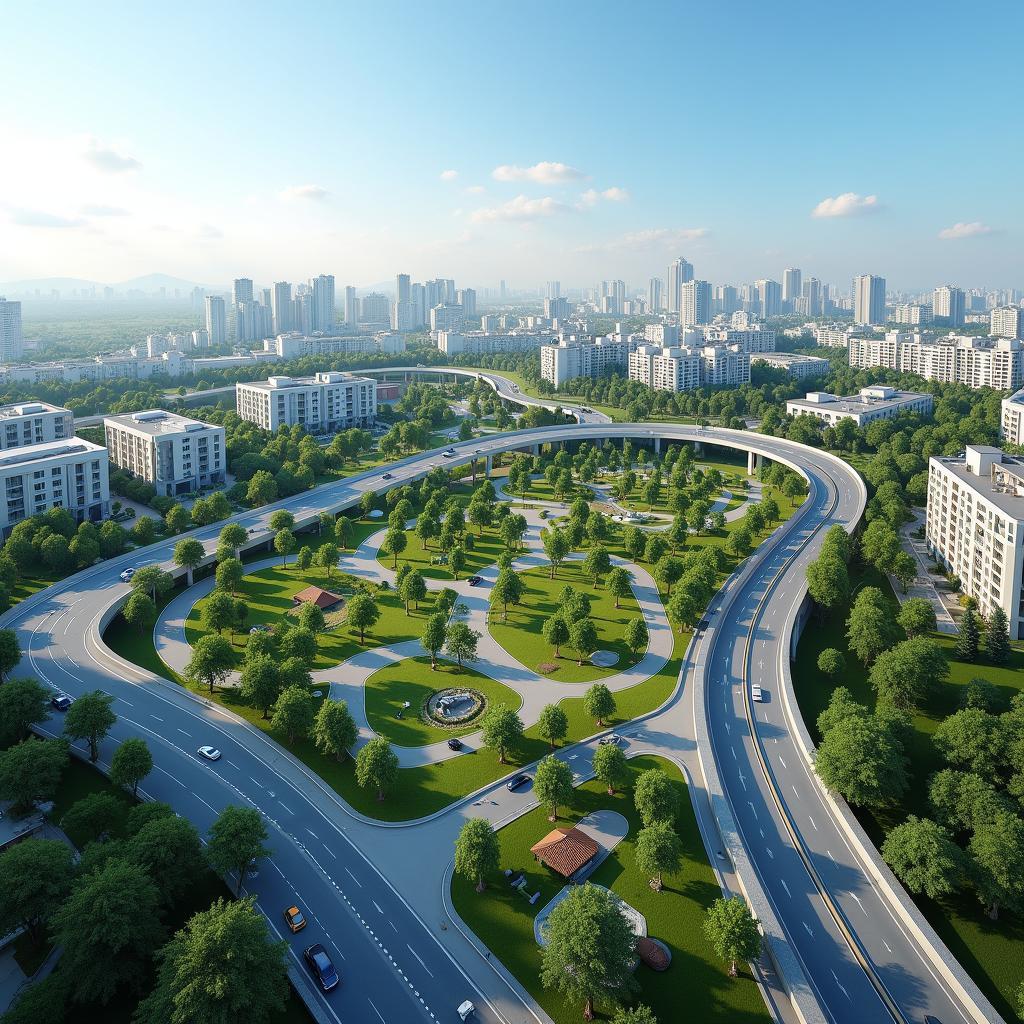 Hình ảnh minh họa quy hoạch đô thị hiện đại với không gian xanh và cơ sở hạ tầng phát triển bền vững