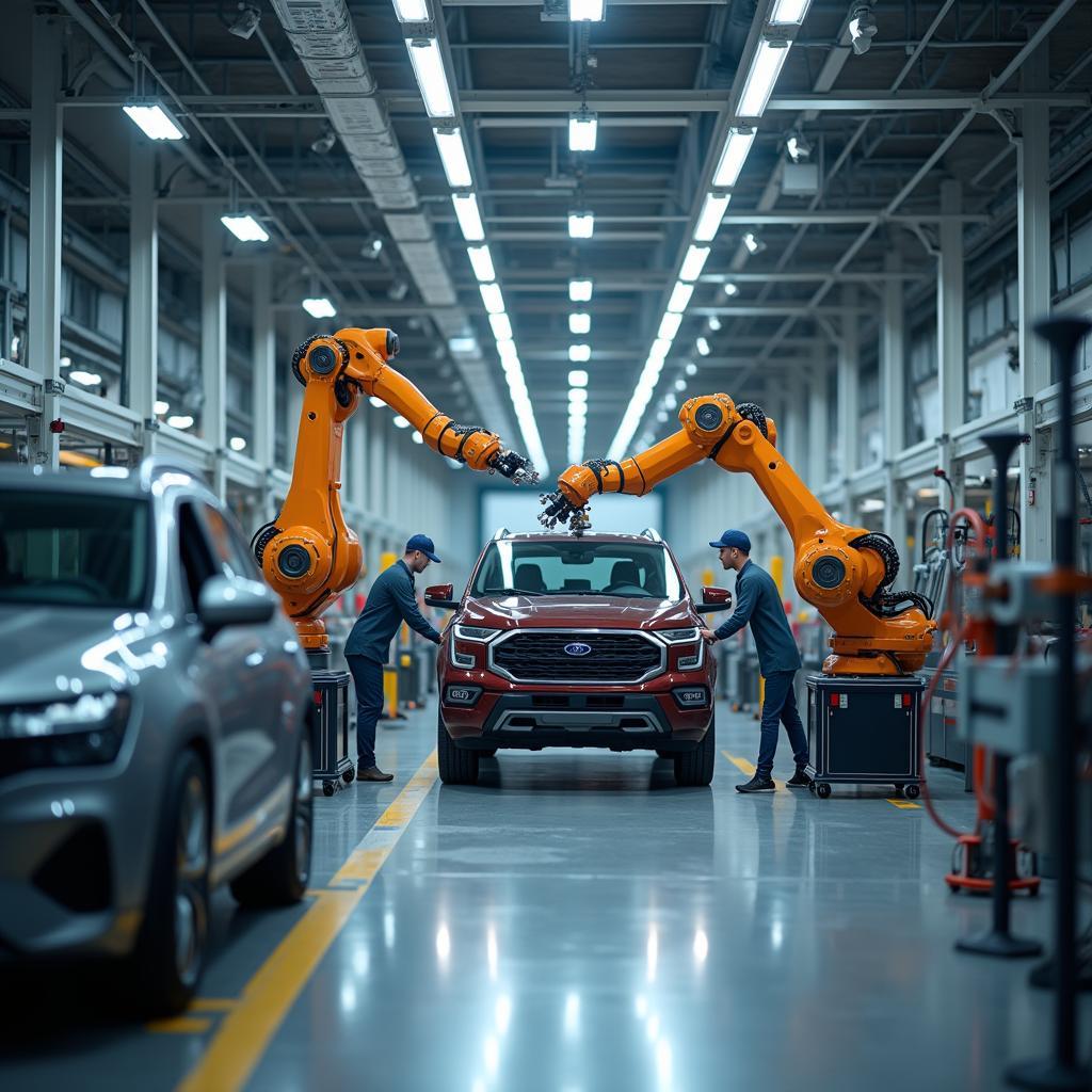 Robot công nghiệp làm việc cùng công nhân trong nhà máy hiện đại thể hiện xu hướng cộng tác giữa AI và con người