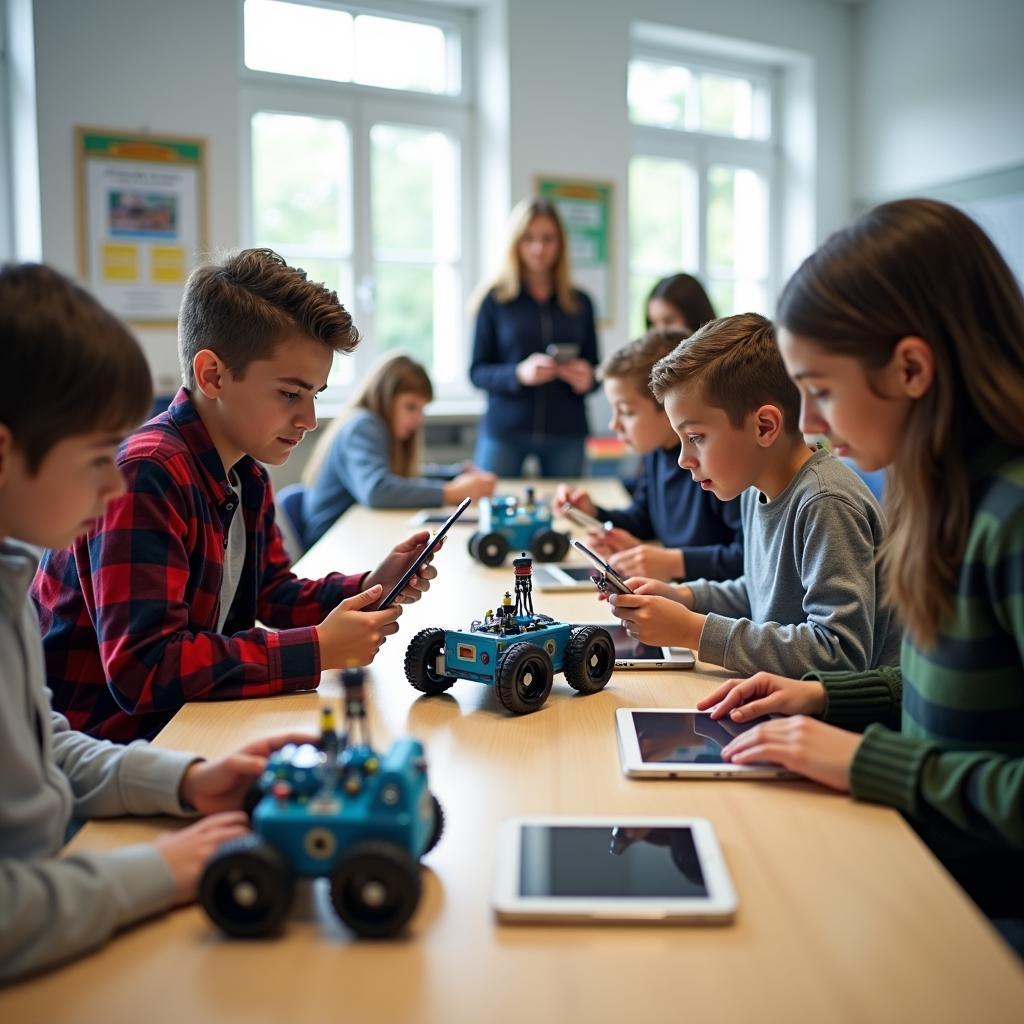 Robot giáo dục đang được học sinh sử dụng trong lớp học STEM thực hành