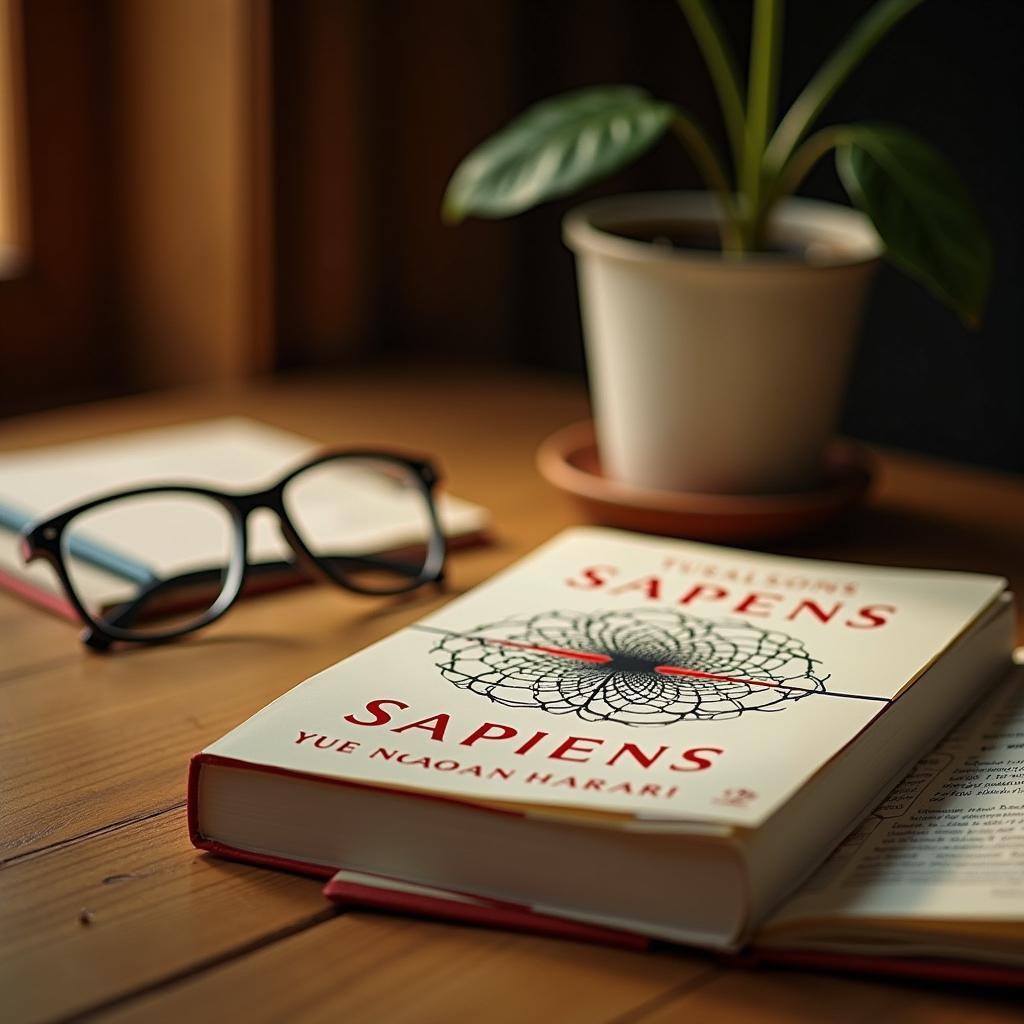 Cuốn sách Sapiens của Yuval Noah Harari được đặt trên bàn đọc cùng ghi chú chuẩn bị cho IELTS Speaking Part 2