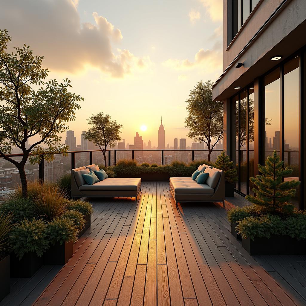 Sân thượng yên tĩnh với cây xanh và tầm nhìn thành phố lúc hoàng hôn