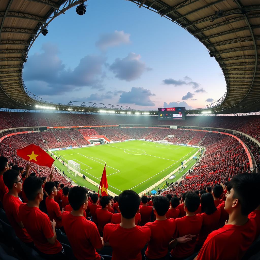 Sân vận động Mỹ Đình đông nghịt người hâm mộ trong trận đấu bóng đá của đội tuyển Việt Nam với không khí sôi động