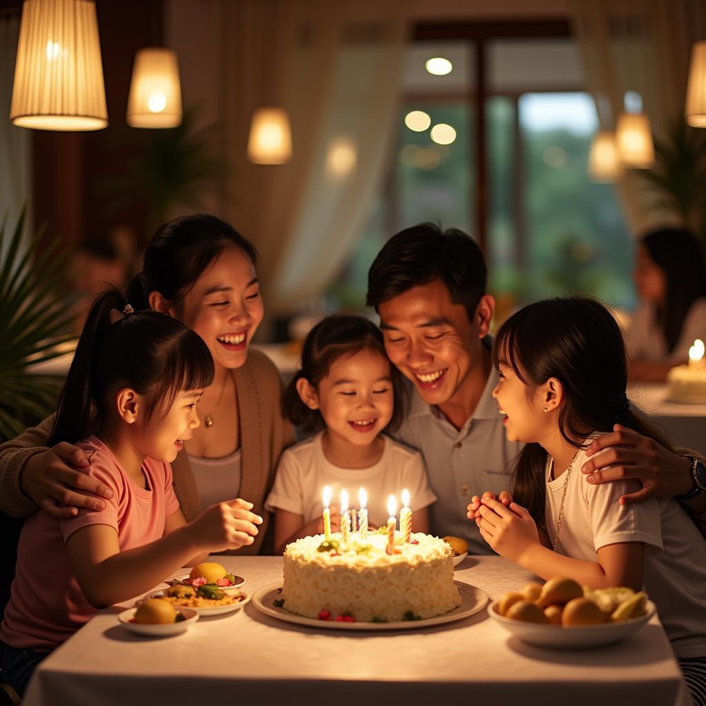 Tiệc sinh nhật bà nội với nhiều thế hệ gia đình Việt Nam tham dự, không khí ấm áp và vui vẻ