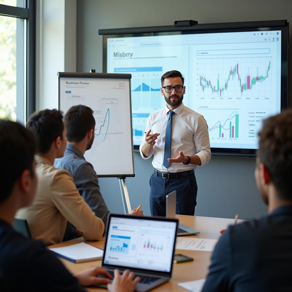 Sinh viên đang học môn quản trị kinh doanh tại đại học với giáo viên hướng dẫn