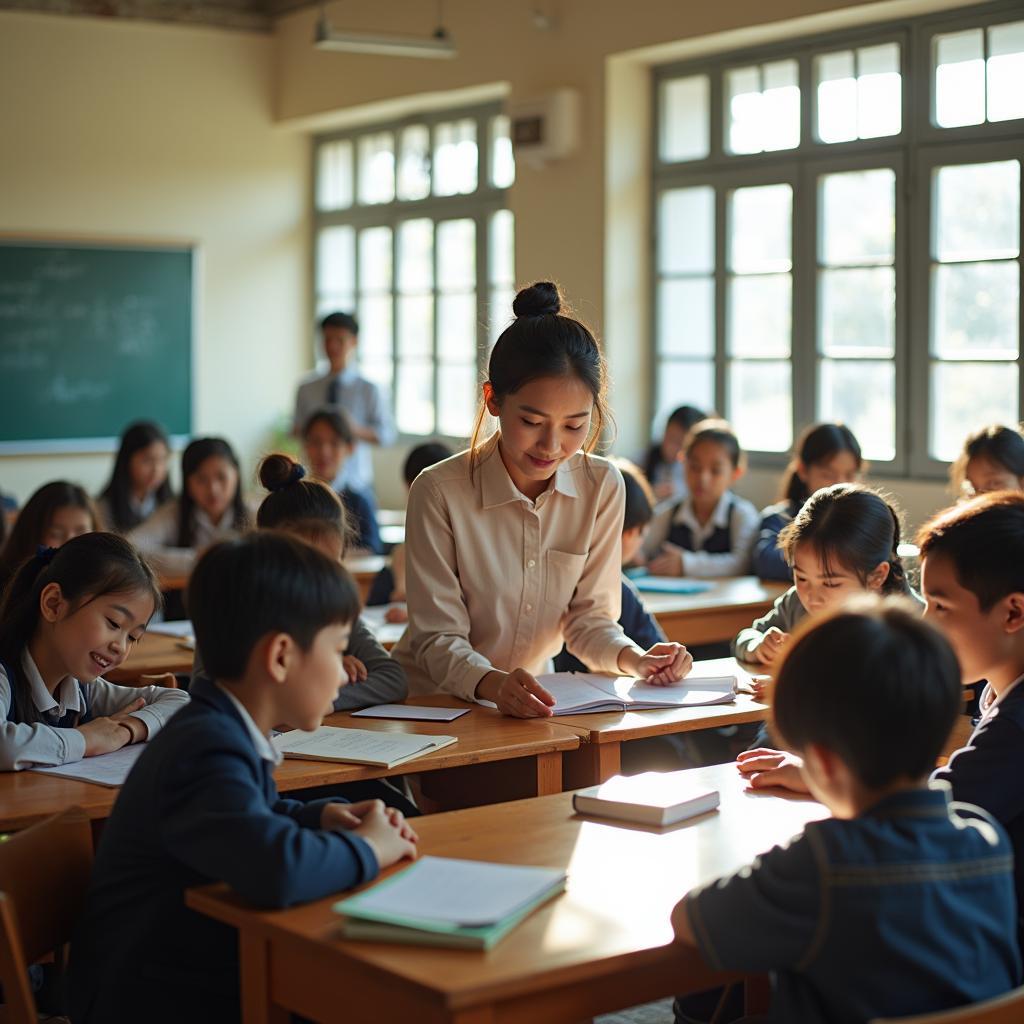 Sinh viên học nhóm trong lớp học truyền thống với giáo viên hướng dẫn trực tiếp