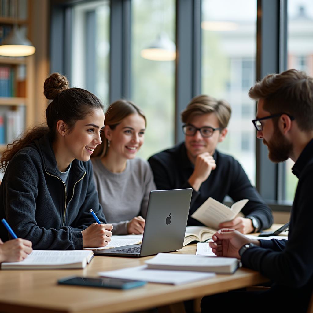 Nhóm sinh viên đa dạng thảo luận và chia sẻ kiến thức trong thư viện đại học hiện đại