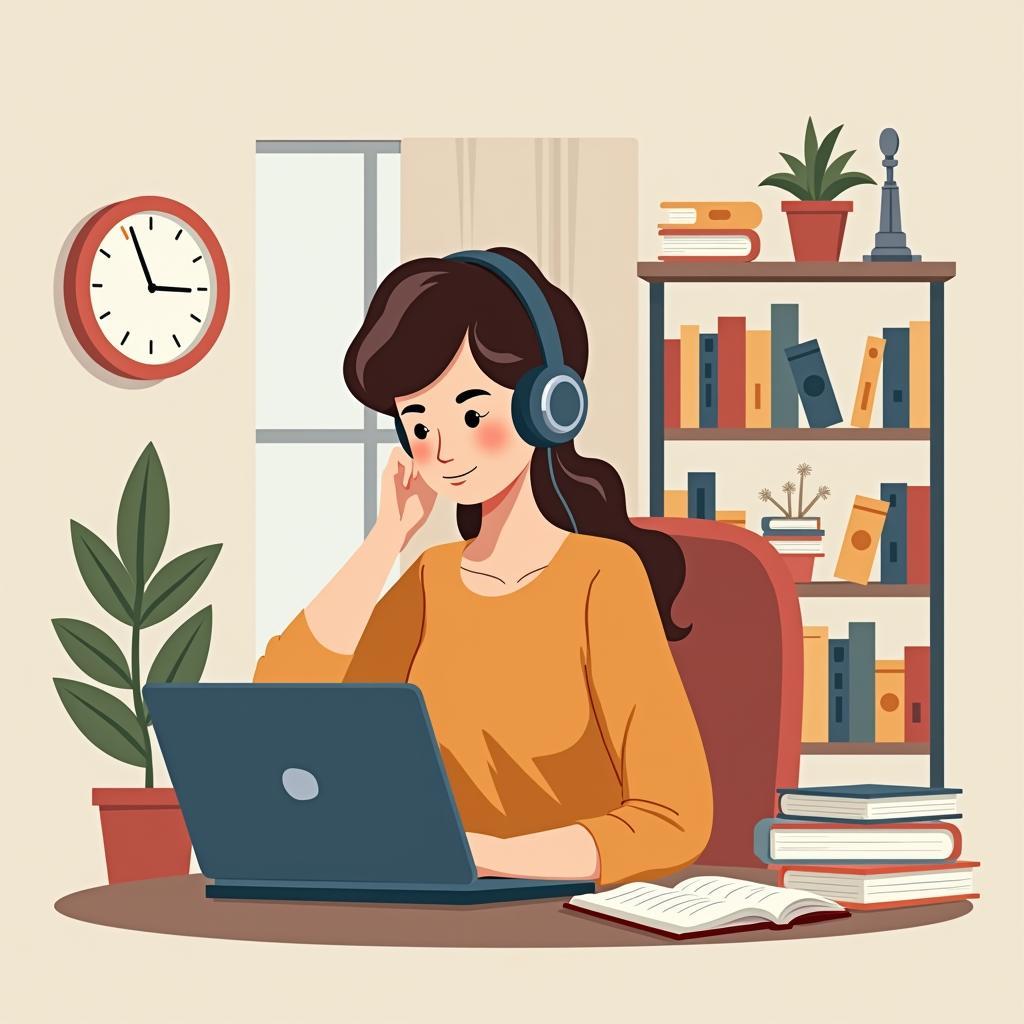 Sinh viên học trực tuyến tại nhà với laptop và tài liệu học tập trong không gian linh hoạt