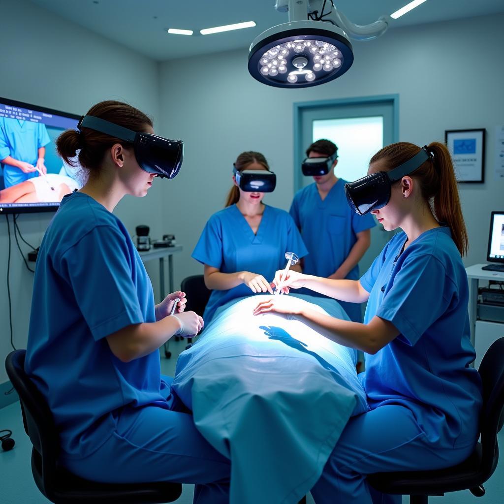 Sinh viên y khoa sử dụng công nghệ mô phỏng thực tế ảo để luyện tập kỹ năng phẫu thuật trong bài thi IELTS Reading chủ đề giáo dục