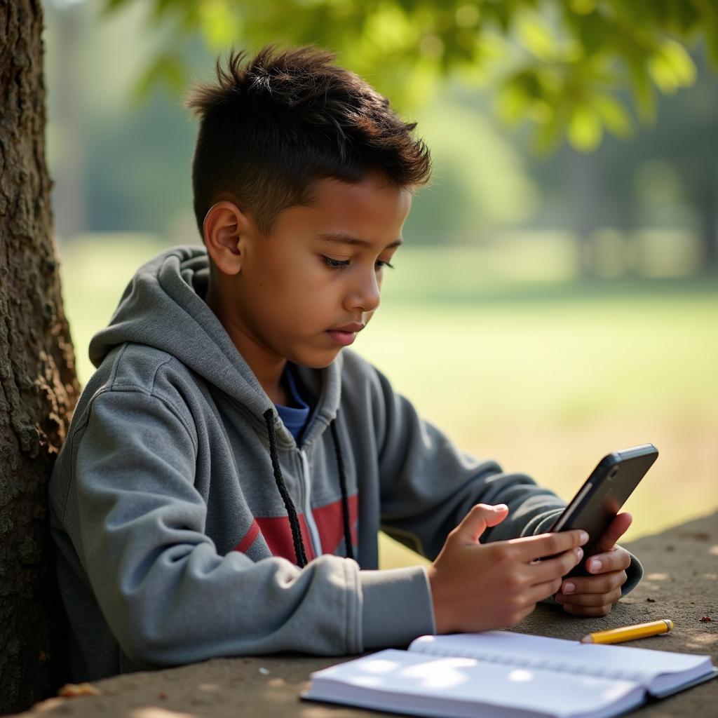 Sinh viên ở vùng nông thôn học trực tuyến qua điện thoại thông minh