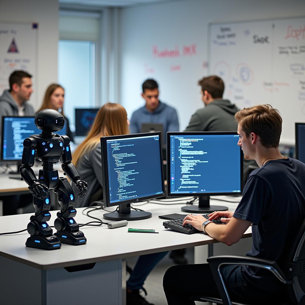 Sinh viên đại học đang lập trình và thử nghiệm robot giáo dục trong phòng thí nghiệm
