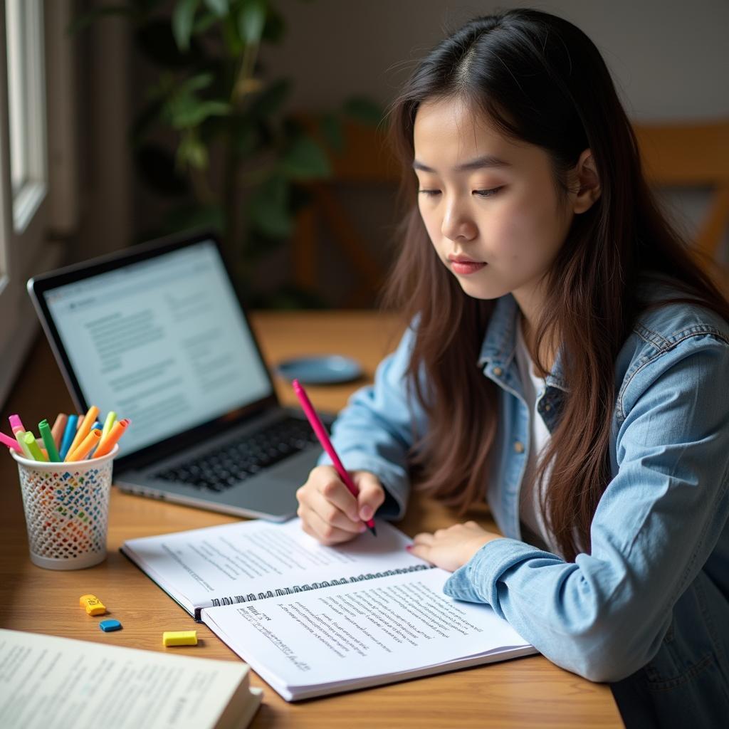 Sinh viên Việt Nam đang luyện tập viết các cấu trúc câu phức tạp cho IELTS Writing với sách ngữ pháp và notes