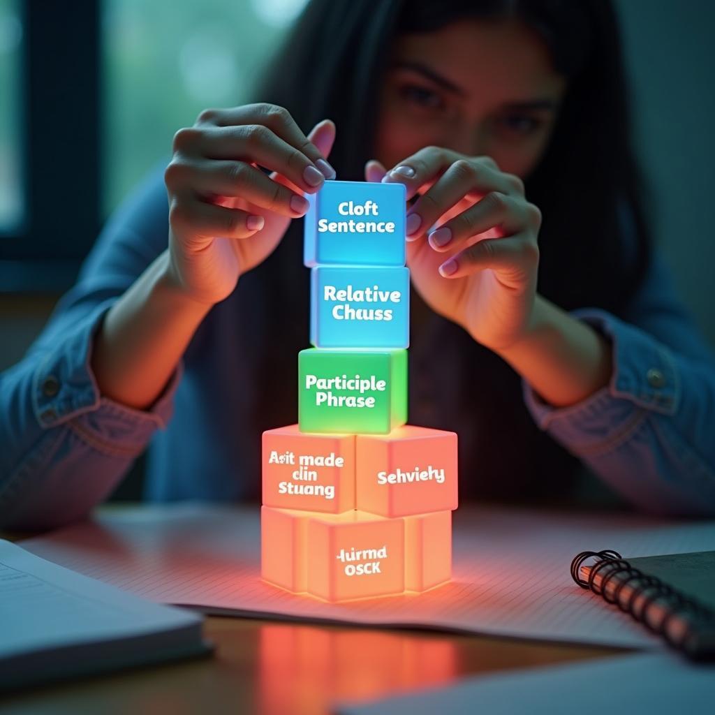 Một học sinh đang ngồi học, sắp xếp các khối cấu trúc ngữ pháp để xây dựng một bài luận IELTS Writing Task 2 vững chắc.