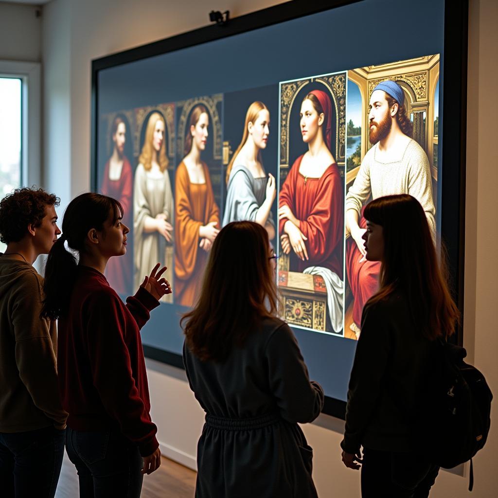 Sinh viên đại học đang phân tích và thảo luận về tác phẩm hội họa trên màn hình tương tác lớn trong phòng học nghệ thuật số