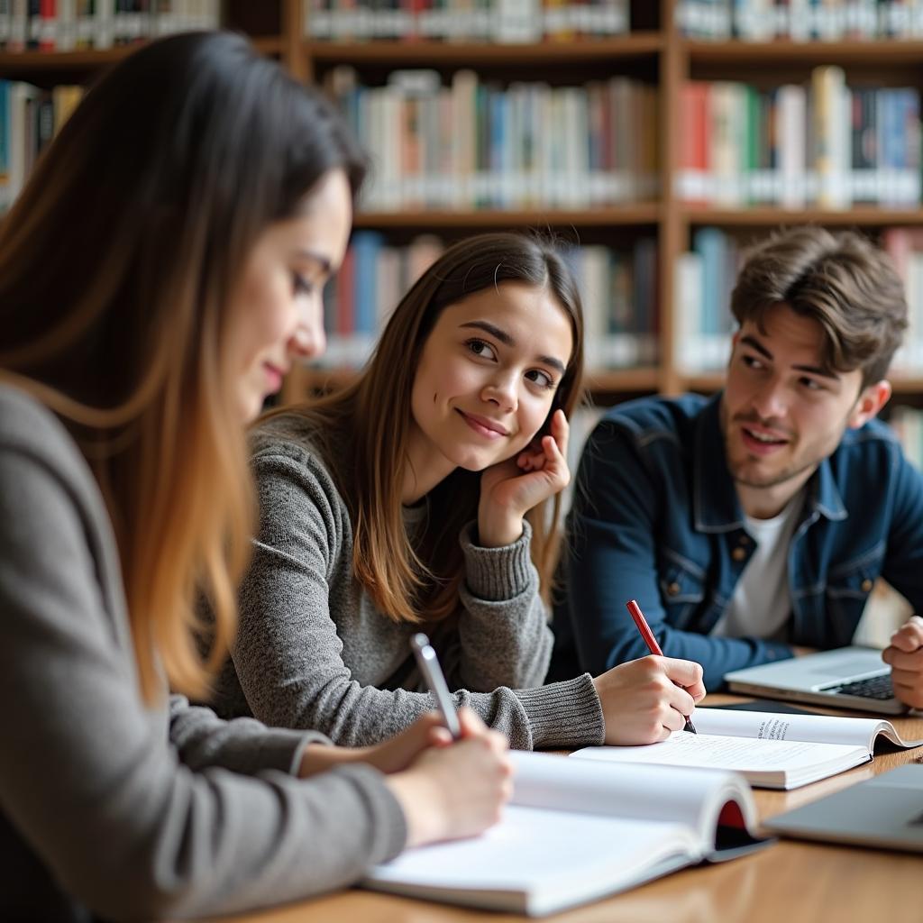 Sinh viên quốc tế từ nhiều nền văn hóa khác nhau học tập cùng nhau tại thư viện đại học