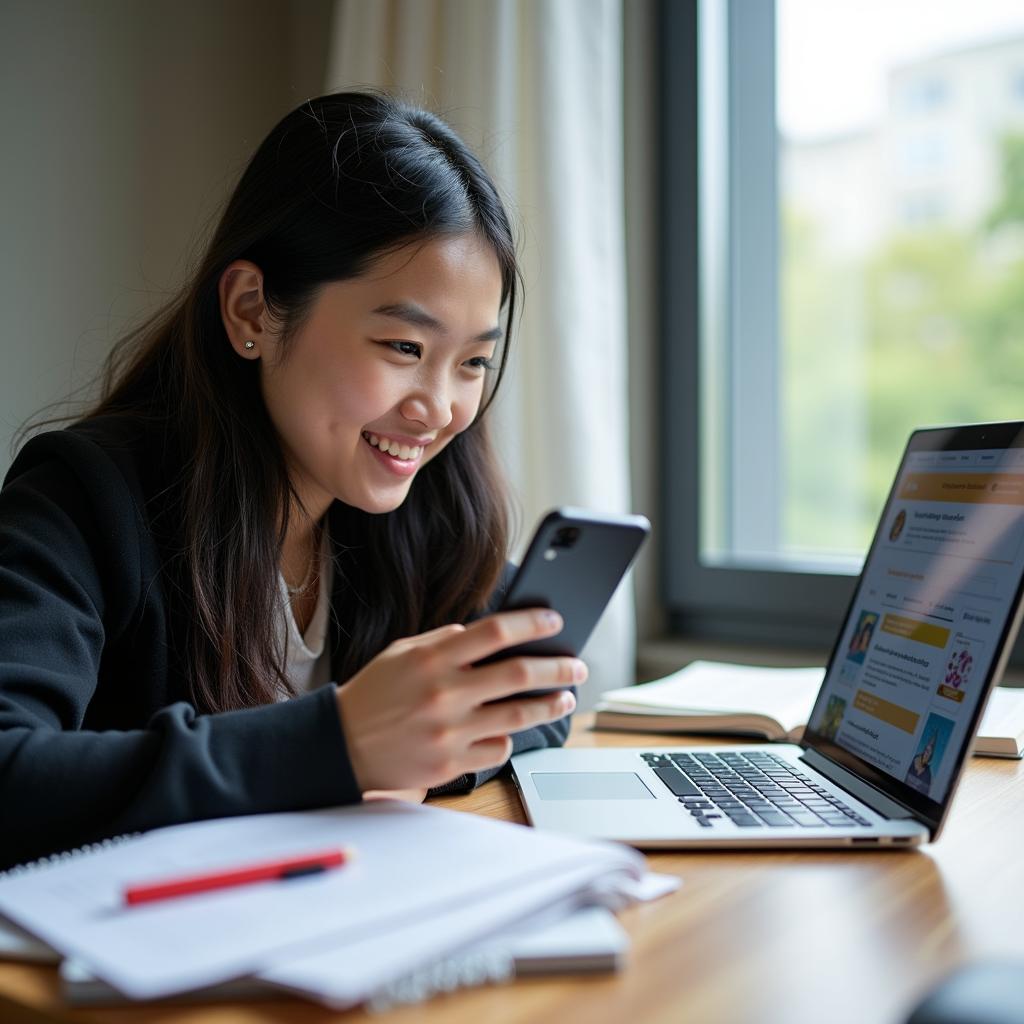 Sinh viên Việt Nam sử dụng smartphone và laptop để học tập với các ứng dụng công nghệ hiện đại