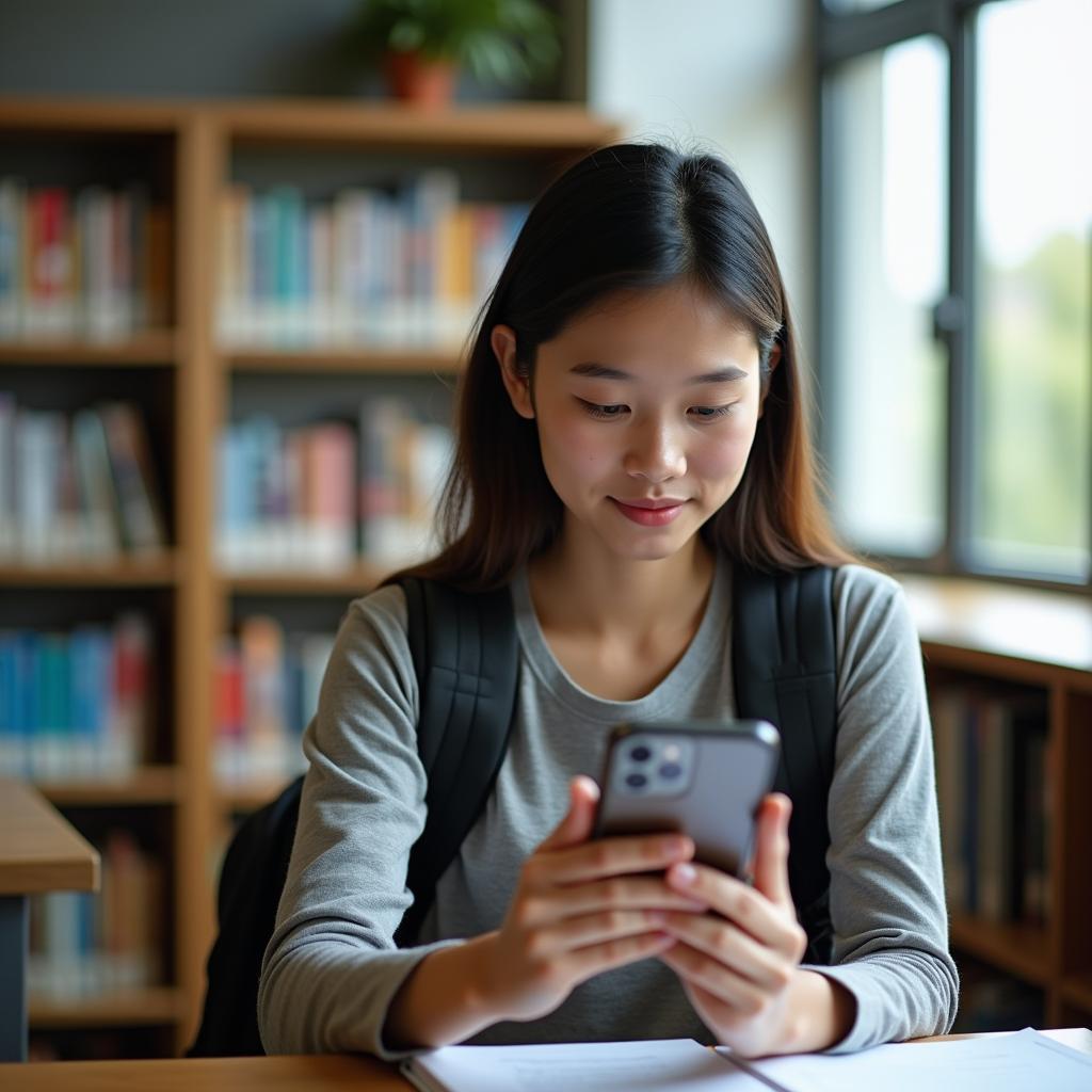 Sinh viên trẻ đang sử dụng ứng dụng học ngoại ngữ trên smartphone trong thư viện