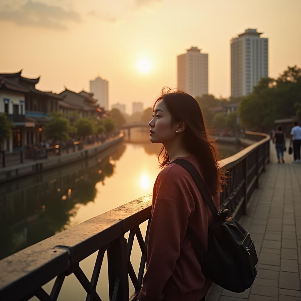 Sinh viên trẻ đứng trên cầu đi bộ suy ngẫm về tương lai trong ánh hoàng hôn đẹp đẽ