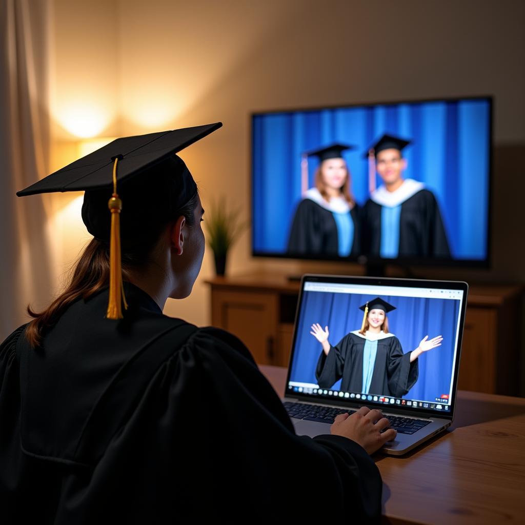 Sinh viên tham gia lễ tốt nghiệp trực tuyến qua màn hình máy tính - xu hướng mới trong giáo dục