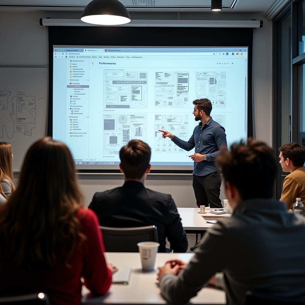 Sinh viên trẻ đang tham gia workshop thiết kế UX UI với giảng viên và bảng wireframe